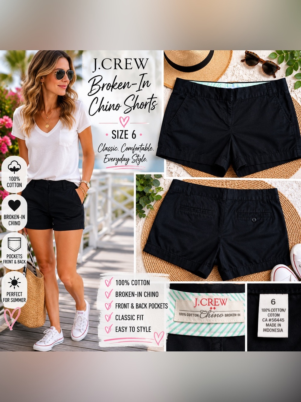 J.Crew Broken-In Chino Shorts Black Size 6 Cotton Casual Summer